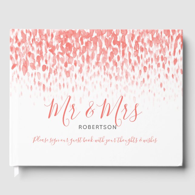 Dot art cascade custom coral orange wedding guest book (Front)