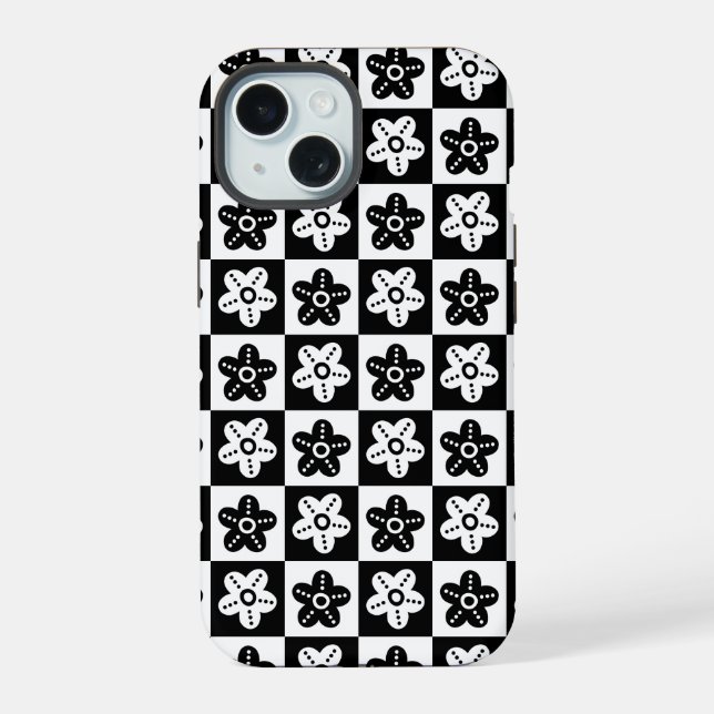 Dot Flower Black White iPhone 15 Case (Back)