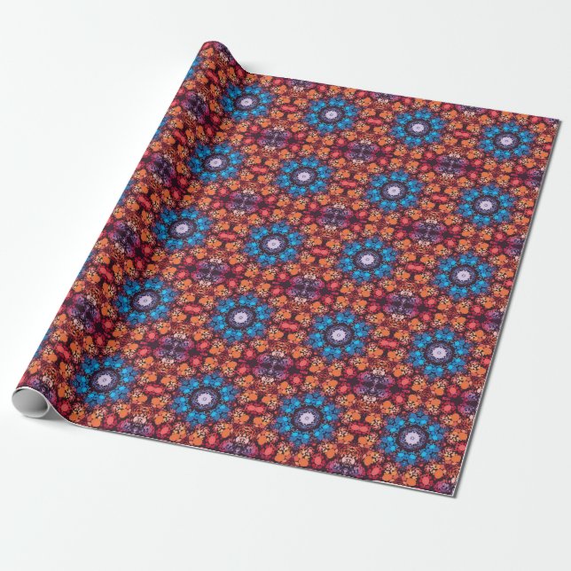 Dot Mandala Blue Red and Orange Wrapping Paper (Unrolled)