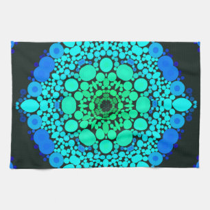 Dot Mandala Flower Blue and Green Tea Towel