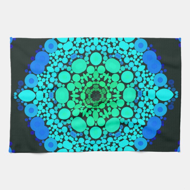 Dot Mandala Flower Blue and Green Tea Towel (Horizontal)