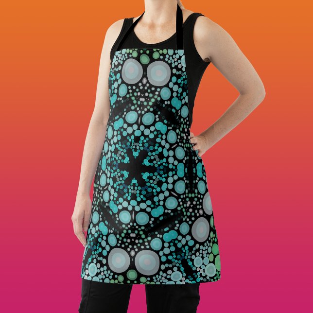 Dot Mandala Flower Blue Green and Grey Apron (Creator Uploaded)
