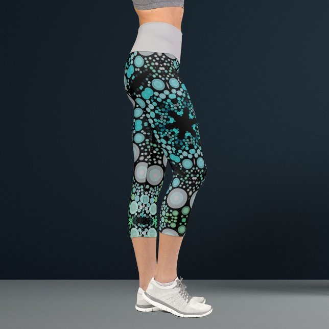 Dot Mandala Flower Blue Green and Grey Capri Leggings (Creator Uploaded)