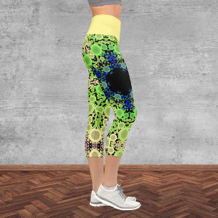 Dot Mandala Flower Blue Green and Yellow Capri Leggings