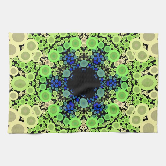 Dot Mandala Flower Blue Green and Yellow Tea Towel (Horizontal)