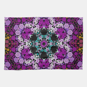 Dot Mandala Flower Blue Pink and Yellow Tea Towel