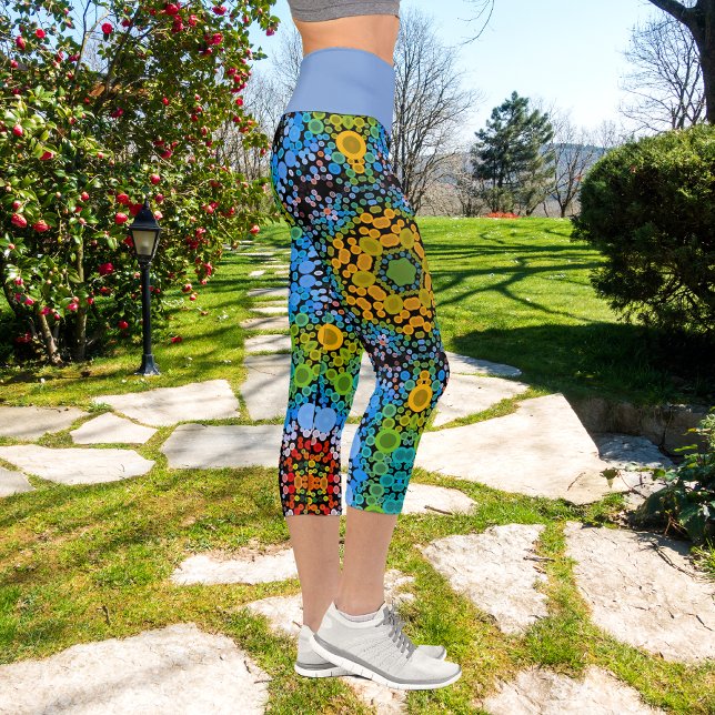 Dot Mandala Flower Blue Yellow and Green Capri Leggings (Creator Uploaded)