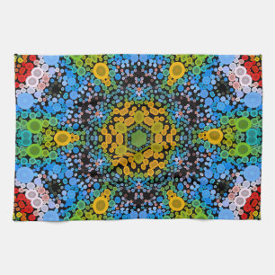 Dot Mandala Flower Blue Yellow and Green Tea Towel