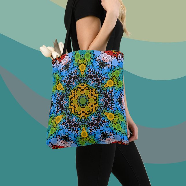 Dot Mandala Flower Blue Yellow and Green Tote Bag (Creator Uploaded)