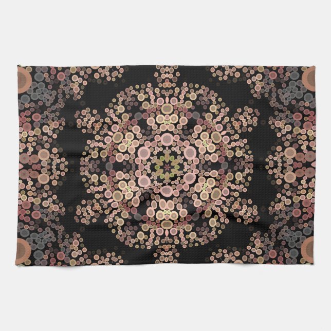 Dot Mandala Flower Brown and Grey Tea Towel (Horizontal)