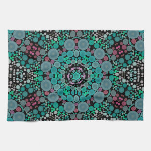 Dot Mandala Flower Green Blue and Red Tea Towel