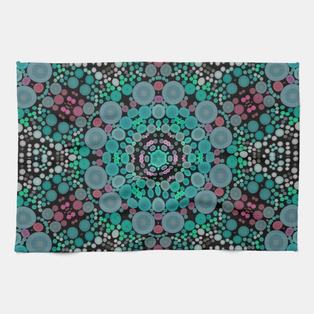 Dot Mandala Flower Green Blue and Red Tea Towel (Horizontal)