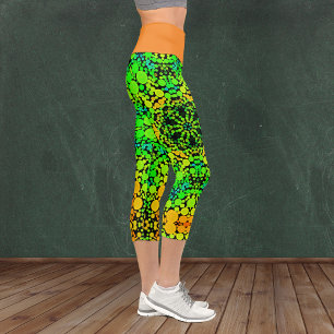 Dot Mandala Flower Green Orange and Yellow Capri Leggings