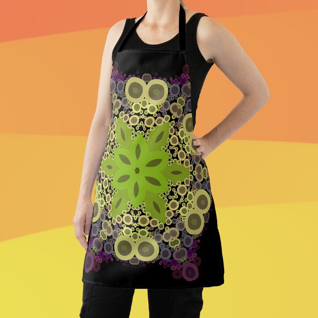 Dot Mandala Flower Green Yellow and Purple Apron (Creator Uploaded)