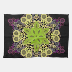 Dot Mandala Flower Green Yellow and Purple Tea Towel
