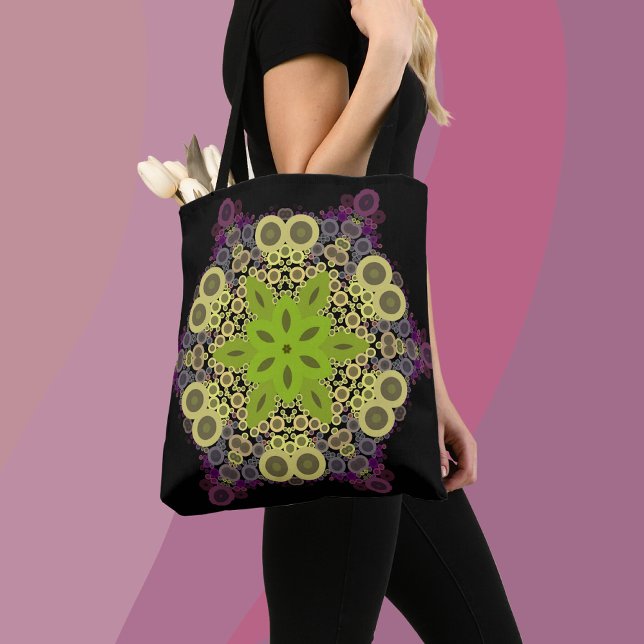 Dot Mandala Flower Green Yellow and Purple Tote Bag (Creator Uploaded)