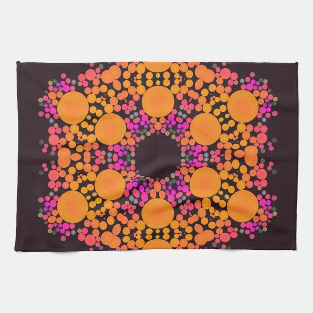 Dot Mandala Flower Orange and Pink Tea Towel (Horizontal)
