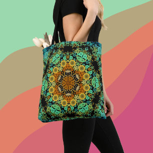 Dot Mandala Flower Orange Green and Blue Tote Bag
