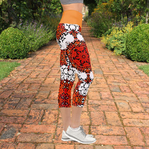 Dot Mandala Flower Orange White and Red Capri Leggings