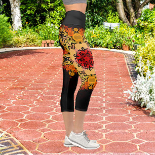 Dot Mandala Flower Orange Yellow and Red Capri Leggings