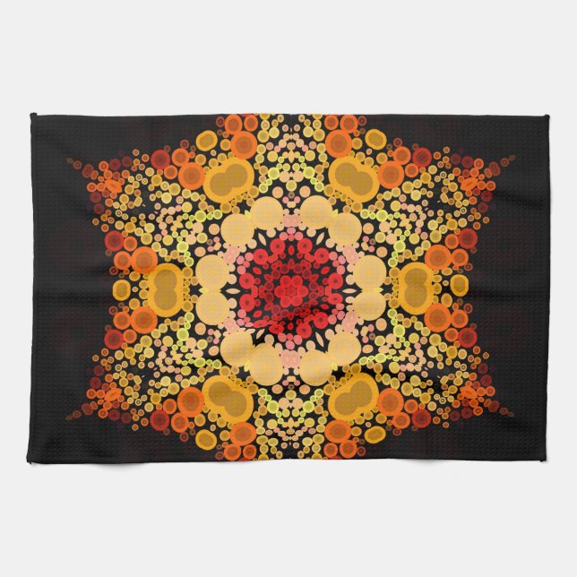 Dot Mandala Flower Orange Yellow and Red Tea Towel (Horizontal)