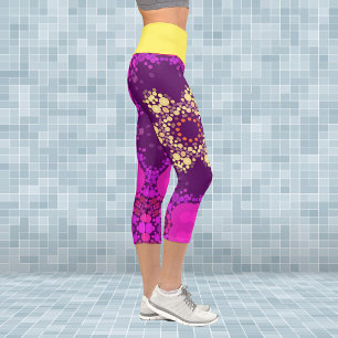 Dot Mandala Flower Pink and Yellow Capri Leggings