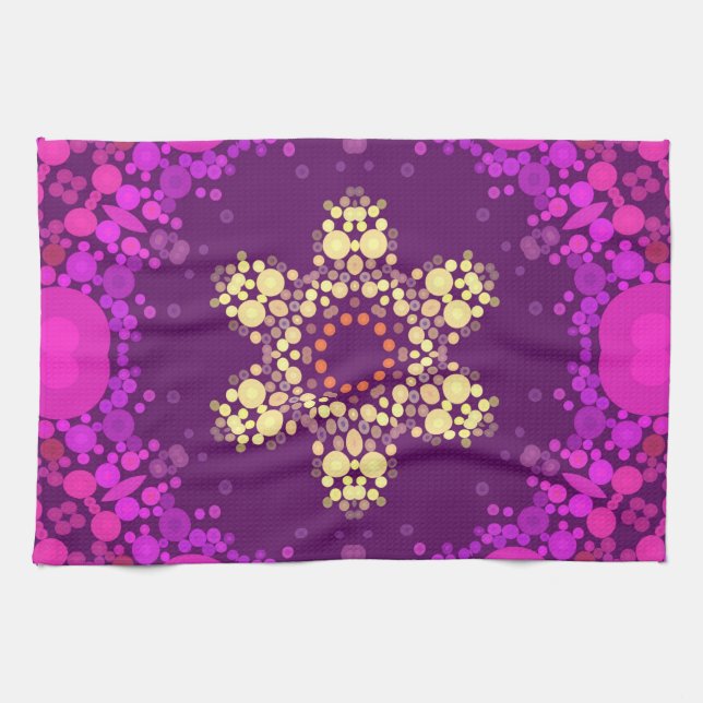 Dot Mandala Flower Pink and Yellow Tea Towel (Horizontal)