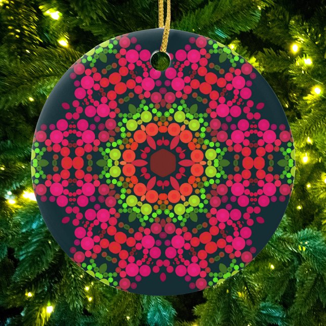 Dot Mandala Flower Pink Green and Orange Ceramic Tree Decoration (Creator Uploaded)