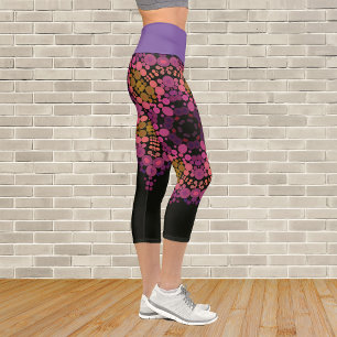 Dot Mandala Flower Pink Yellow and Black Capri Leggings