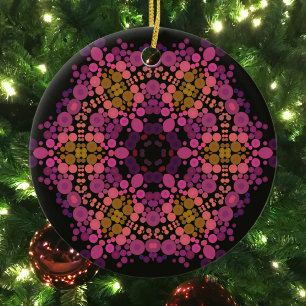 Dot Mandala Flower Pink Yellow and Black Ceramic Tree Decoration