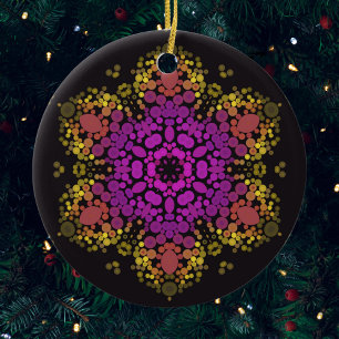 Dot Mandala Flower Pink Yellow and Black Ceramic Tree Decoration