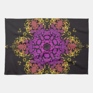 Dot Mandala Flower Pink Yellow and Black Tea Towel