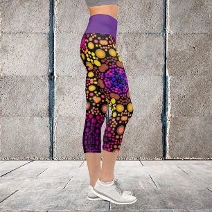 Dot Mandala Flower Purple and Yellow Capri Leggings