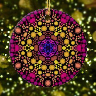 Dot Mandala Flower Purple and Yellow Ceramic Tree Decoration