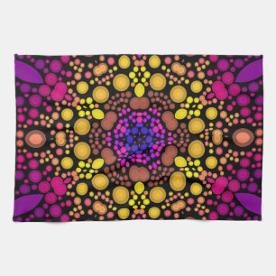 Dot Mandala Flower Purple and Yellow Tea Towel