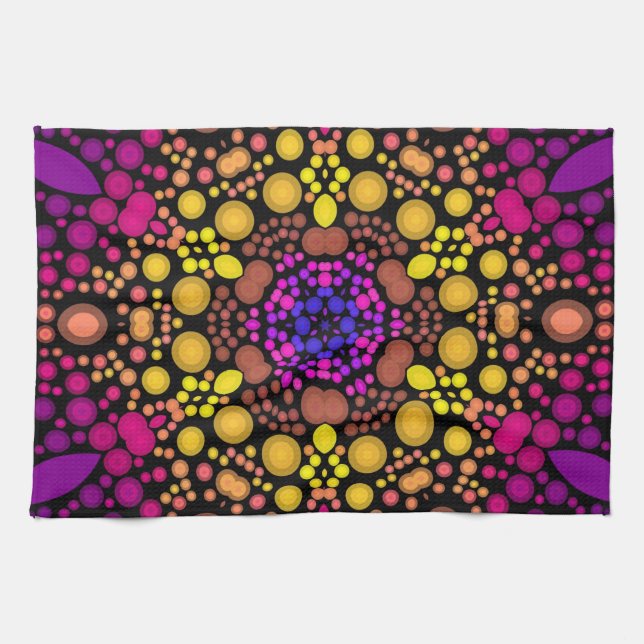 Dot Mandala Flower Purple and Yellow Tea Towel (Horizontal)
