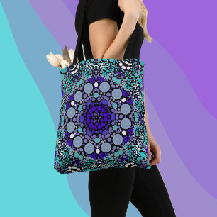 Dot Mandala Flower Purple Blue and White Tote Bag