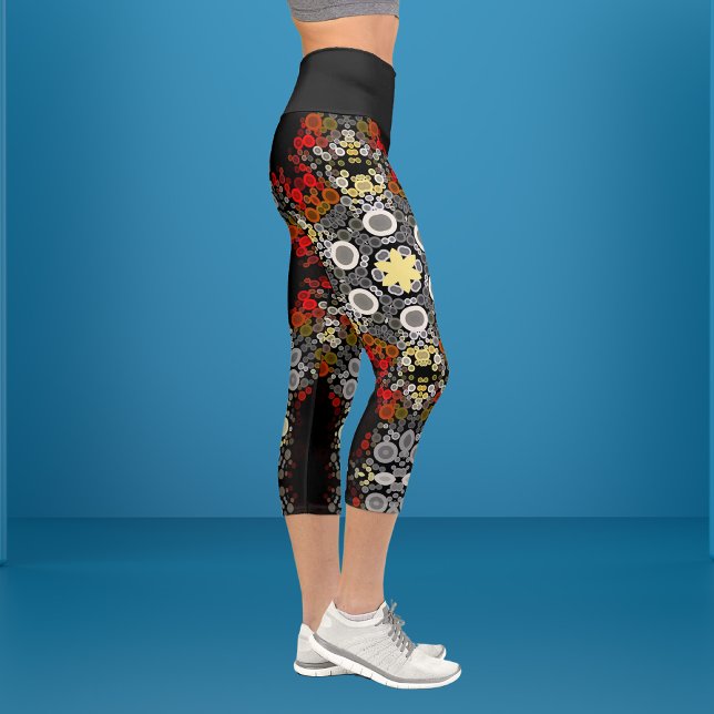 Dot Mandala Flower Red Yellow and Grey Capri Leggings (Creator Uploaded)