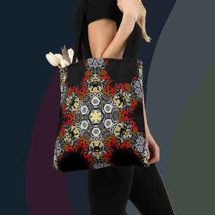 Dot Mandala Flower Red Yellow and Grey Tote Bag