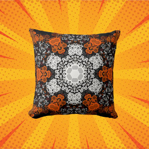 Dot Mandala Flower White Orange and Black Cushion