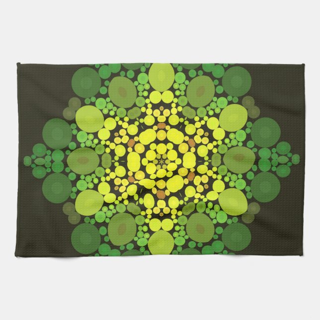 Dot Mandala Flower Yellow and Green Tea Towel (Horizontal)