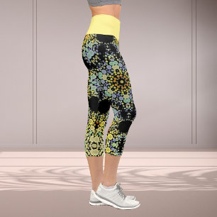 Dot Mandala Flower Yellow Blue and Grey Capri Leggings