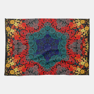 Dot Mandala Flower Yellow Blue and Red Tea Towel