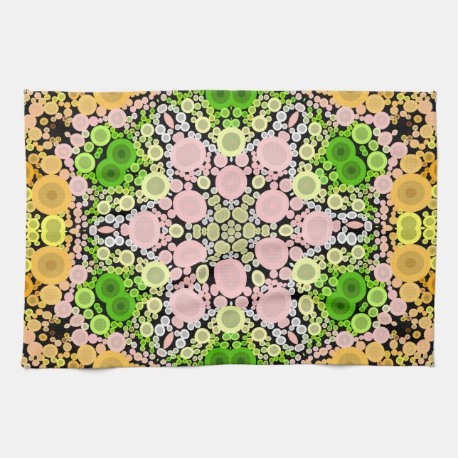 Dot Mandala Flower Yellow Green and Pink Tea Towel (Horizontal)