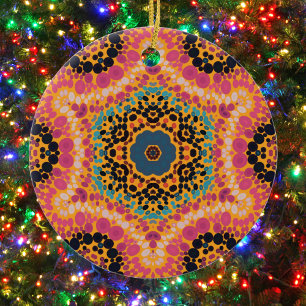 Dot Mandala Pink Blue Black and Yellow Ceramic Tree Decoration