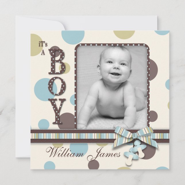 Dot Print with 3D-look Bow Birth Announcement (Front)