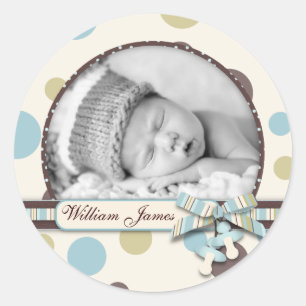 Dot Print with 3D-look Bow Birth Announcement Classic Round Sticker