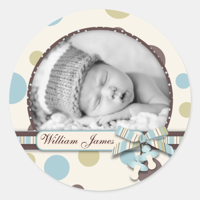 Dot Print with 3D-look Bow Birth Announcement Classic Round Sticker (Front)