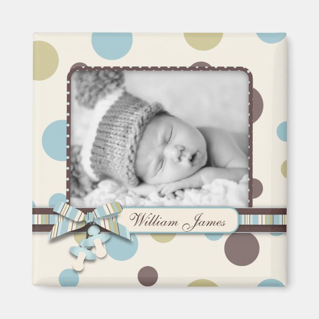Dot Print with 3D-look Bow Birth Announcement Magnet (Front)