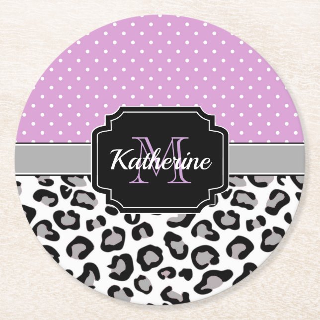 Dots & Leopard Print Round Paper Coaster (Front)